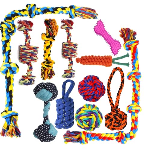 Image of Dog Rope Toys for Large /Medium Aggressive Chewers Tough Rope Chew Toy with Easy Hold Handle, Indestructible Natural Cotton Tug Rope (12-Piece Rope)