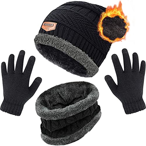 Petrunup Unisex Set de Bufanda, Gorro y Guantes para Niño, Sombreros de Punto Bufanda Circular Guantes Táctil para Niños, Negro