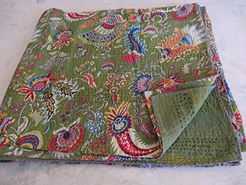 Textile Work Creations TI AMO White mukut Screen Print Kantha Quilt Bedspread Throw Bed Cover Kantha Quilt Single-image-36