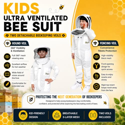 Image of Kids Bee Suit, 3 Layer Ventilated Beekeeping Suit with Gloves & 2 Veils, Protective Beekeeper Suit for Children Boys Girls (KID White XL)