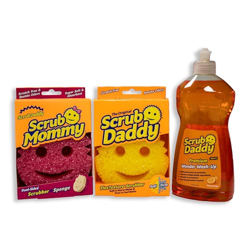 Scrub Daddy y Scrub Mommy Wonder Wash-Up Combo, Esponja lavavajillas en paquete doble con líquido lavavajillas 500 ml, Esponjas de cocina multipack para limpieza, Estropajo para lavavajillas