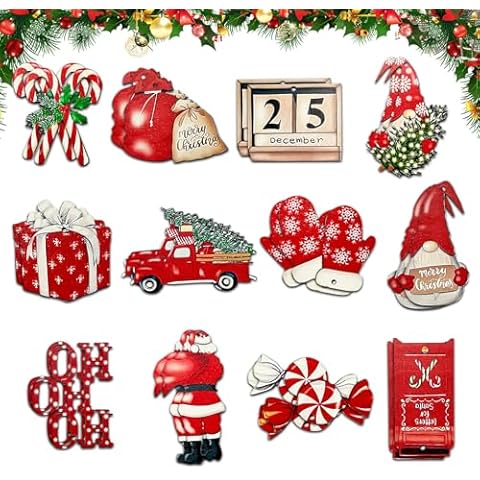 24pcs Christmas Wooden Ornaments, Red Gnome Candy Cane Santa Claus Truck Gloves Wood Cutouts Tags Winter Wood Hanging Decor for Christmas Tree Decorations Hanging Craft Holiday Party Supplies Cover