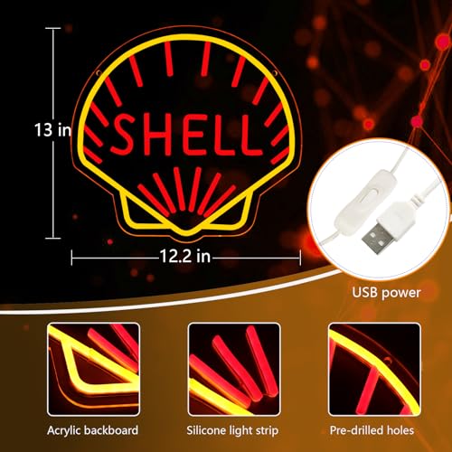 Image of WonderfulLife Shell Oil Logo Neon Sign for Garage Decor,Led Signs for Bar Man Cave Wall Decor,Lube Store or Gasoline Station Display Lighting,Orange and Red,Easy Hanging.