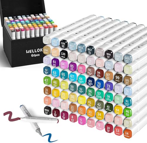 Image of WELLOKB Alcohol Markers, 60 Dual Tip Permanent Art Markers for Coloring, Illustrations, and Sketching, Includes Case for Easy Storage, Alcohol, Based Ink Ideal for Book Painting and Card Making