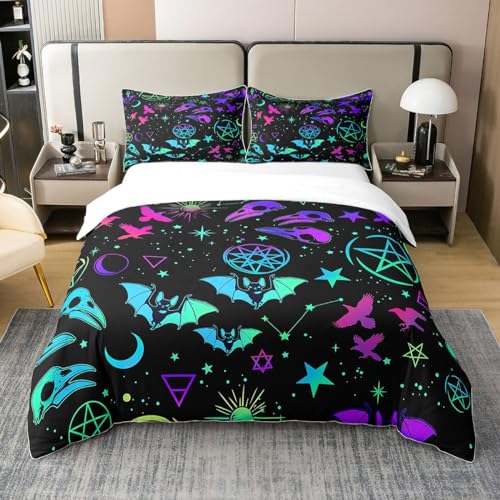 Erosebridal Blue Purple Galaxy Bedding Set,Halloween Bats Bed Set for Kids Child,Gothic Exotic Comforter Cover,Hippy Moon Stars Duvet Cover Birds Skeleton Halloween Decor with 2 Pillowcases Queen