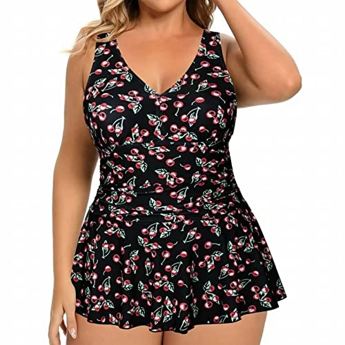 Generisch 2026 Traje de baño estampado grande para mujer, cereza, traje de baño fino conservador para aguas termales, rojo, 3XL