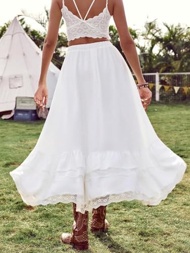 Women Lace Irregular Maxi Skirt High Low Asymmetrical Ruffles Hem Elastic Waist Long Skirt3