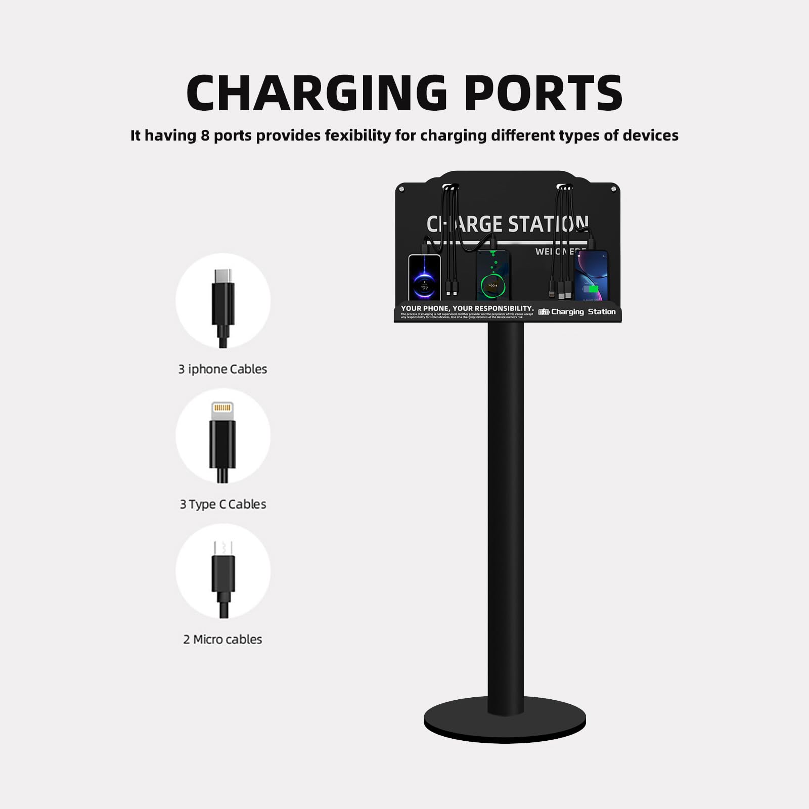 Stazione di ricarica per telefono cellulare | 8 dispositivi a ricarica rapida | Compatibile con tablet Apple e porta Android | Ideale per uffici, hotel, ospedali, aeroporti