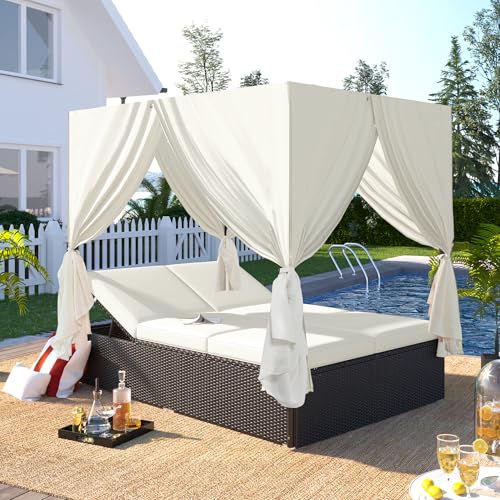 roomfitters Luxury Cabana Beige Outdoor Double Chaise Lounge Patio Daybed with Privacy Curtains and Adjustable Reclining Backrest