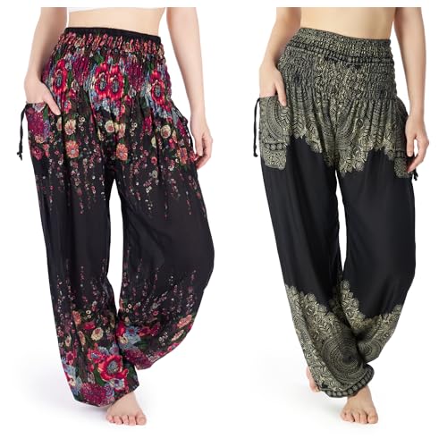 Lannaclothesdesign Black Flower and Black Mandala Boho Pants Bundle Size XX-Large
