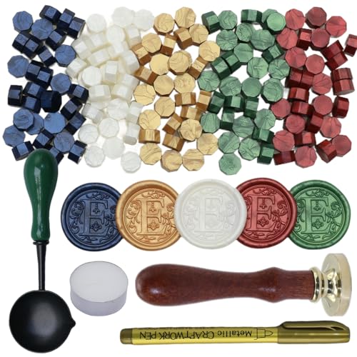 Initial Alphabet Wax Seal Stamp Kit, Retro Letter E Sealing Stamp with 150Pcs Sealing Wax Beads Spoon Pen Set for Wedding Invitations Cards Envelopes (E)