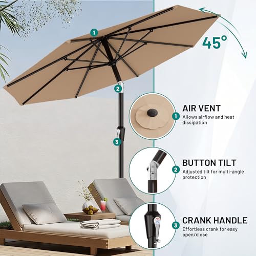 AreShark 9 FT Patio Umbrella for Outdoor, Outdoor Table Umbrella with Push Button Tilt and Crank, Outdoor Patio Umbrellas with 8 Sturdy Ribs for Market, Garden, Pool (Beige) image 8