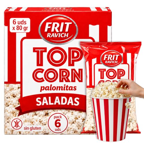 Palomitas Saladas Frit Ravich, Palomitas de maíz saladas, Elaboradas con maíz especial para palomitas, aceite de girasol y sal, Sin gluten, Vegano, Contiene 6 Unidades de 80 gr