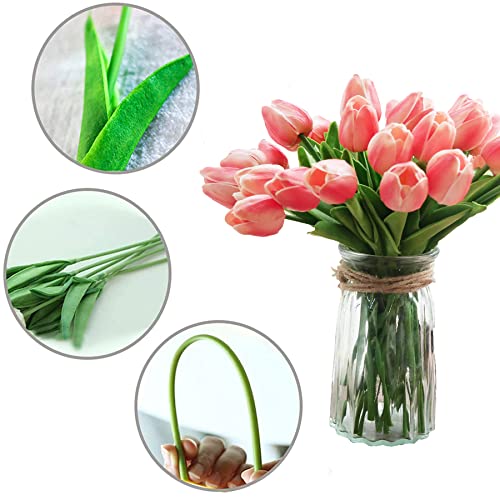 Artificial Flowers 30Pcs Bouquet 14" Tall Real Touch Tulips, Peach Pink Pu Fake Tulips Flowers For Arrangement Wedding Party Or Easter Spring Home Centerpiece Dining Room Office Table Decoration #TOP2