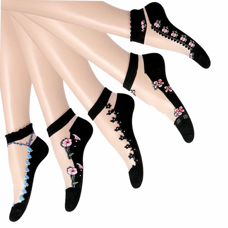 Women's Multi Design Transparent Ankle Length Plain Floral Socks pack 5