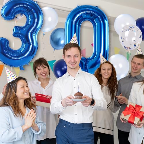 Image of Number 30 Balloon Pastel Blue for Kids, XXL 30th Birthday Decor Foil Balloon Dark Navy Blue with Silver Confetti Helium Balloon, 40 Inch Balloon 30 for Women Birthday Party Men Anniversary Decorations