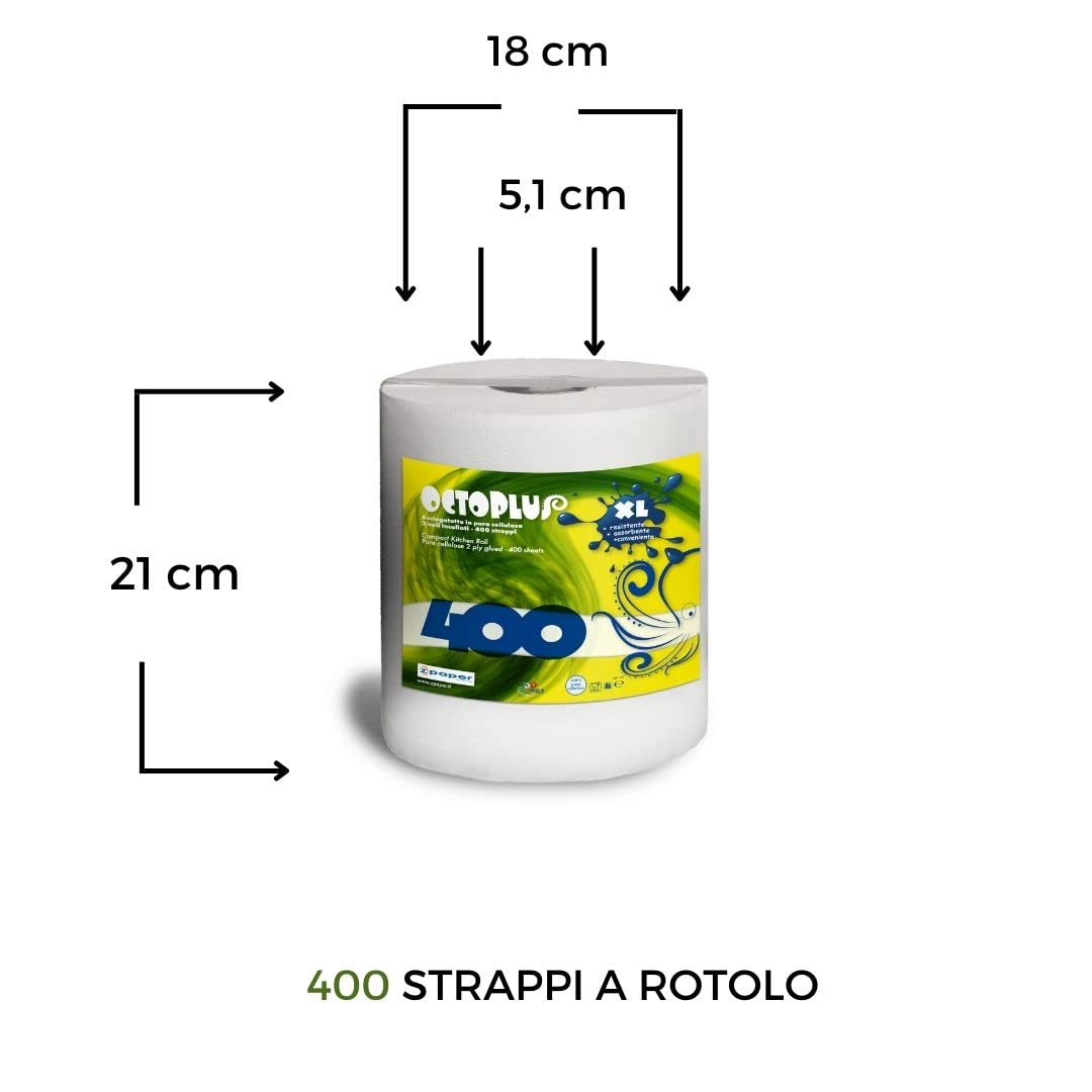 ZPAPER - 6 Monorotoli OCTOPLUS 2400 Strappi totali - Rotoli Asciugatutto 400 strappi con Maniglia carta 100% Pura Cellulosa 2 Veli Bobina Asciugamano. Scatolati