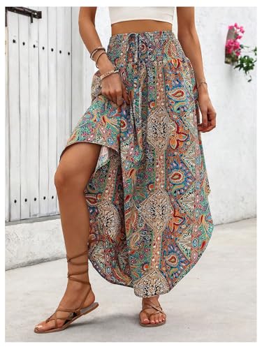 SweatyRocks Women's Boho Skirts Shirred High Waist Summer Beach Asymmetrical Flowy Long Skirt4