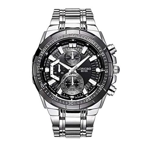 Longbo Silver Business Casual Stainless Steel Decorative Subdials Big Black Dial Scratch Resistant Waterproof Watch for Men and Boys