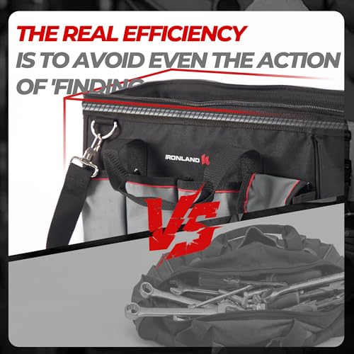 IRONLAND Hard & Sturdy Bottom Tool Bag Organizer 16.5 Inch for Men, Waterproof Heavy Duty Tool Bag with Soft Handle Large Zipper, Ideal for Mechanics Electrician Handyman Hvac, Great Gift for Dad