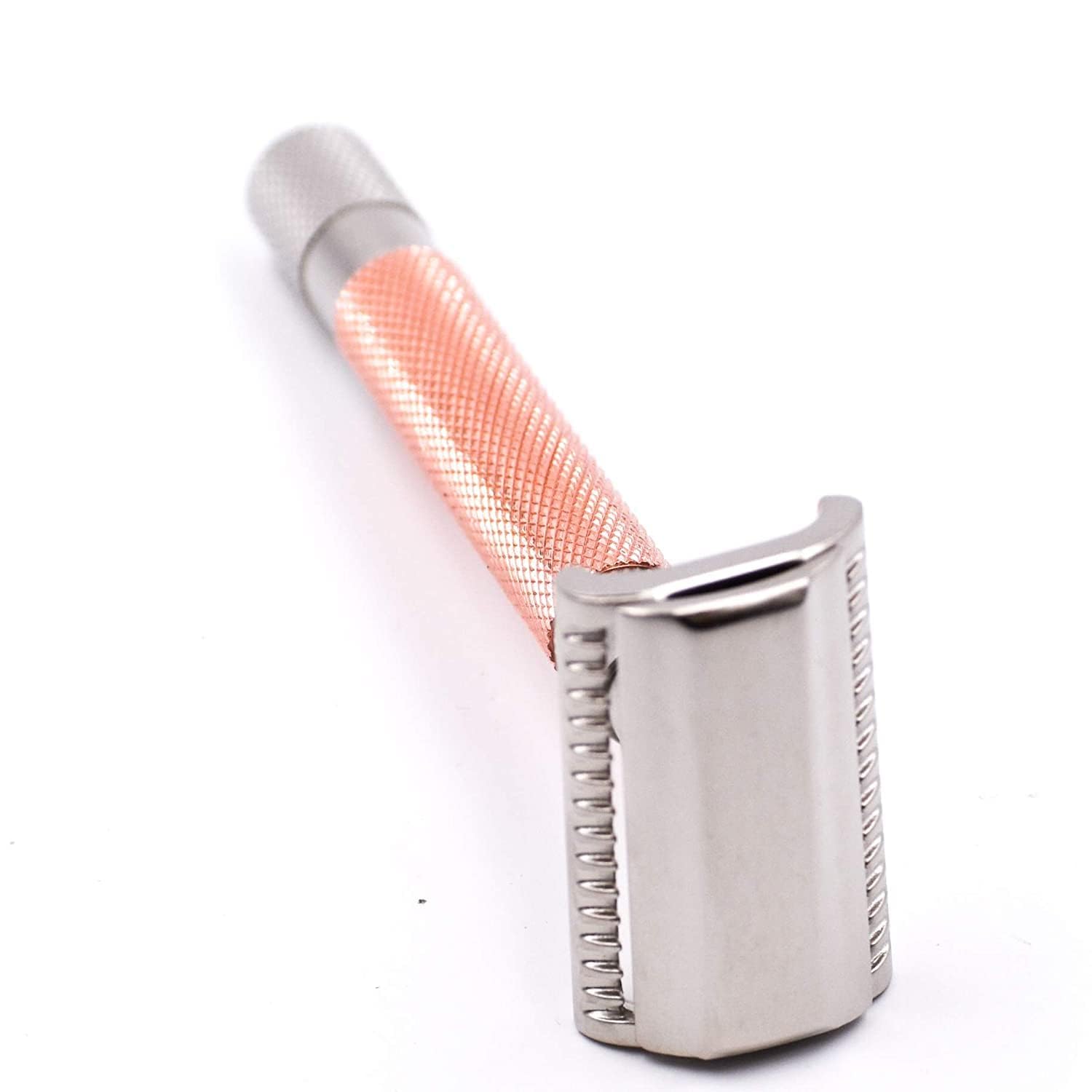 Parker, THE SEMI SLANT, rasoio di sicurezza Double Edge e 5 ricariche per lame Parker - Manico in ottone massiccio placcato oro rosa - Offre una rasatura da barbiere a casa