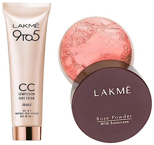 Image of LAKME Rose Natural Face Powder for Oily Skin Type, Warm Pink, 40G And 9 To 5 Complexion Care Face Cream, Bronze, 30G