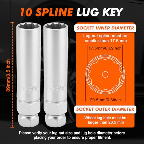 Image of CASOMAN 2-Piece 10 Spline Lug Nut Key, Wheel Lock Removal Tool Kit for Easy Removing and Installing Aftermarket & Factory Wheel Tire Lug Nuts, CR-V Steel