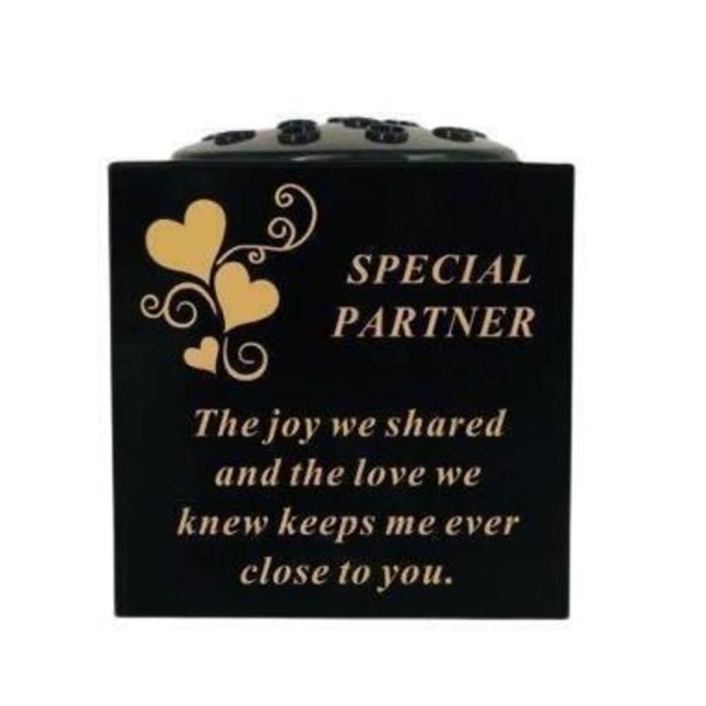 Graveside Memorial Black & Gold Bowl – Weatherproof Grave Flower Container with Removable Lid – Elegant Cemetery Tribute Vase-Remembrance Ornament, Sympathy Gift for Loved One with Hearts - Partner