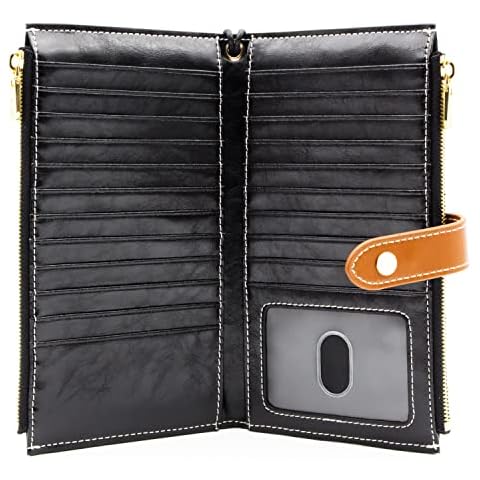 ANDOILT Wallet Women Men RFID Blocking Genuine Leather Bifold Multi Card Organizer Wristlet Purse with Zipper Pocket Cell Phone Handbag Black Cover
