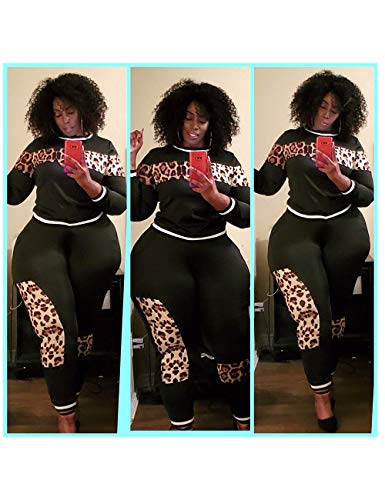 Women's 2 Piece Leopard Outfit Long Sleeve Crew Neck Pullover Top and Skinny Pants Set Black XXL