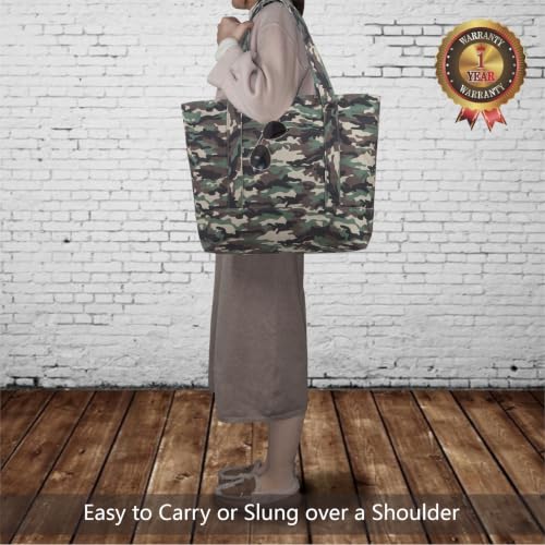 Image of TOPDesign 1-Pack Canvas Tote Bag with an External Pocket, Reusable Grocery Shopping Bag, Top Zipper Closure, Daily Essentials (Camo)