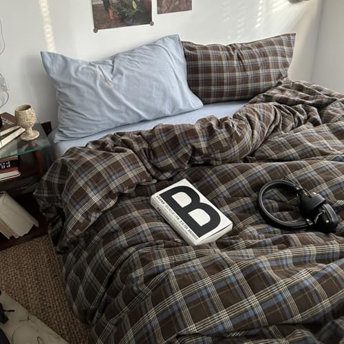 Image of Plaid Duvet Cover Set Queen Size 3 Piece Blue Brown Buffalo Plaid Comforter Cover Vintage Grid Checkered Pattern Soft Breathable Microfiber Bedding Set with Zipper Closure and 2 Pillowcases