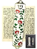 Zivosely Exquisite Enamel Design Mezuzah with Scroll, Easy Install Use Double-Sided Tape, Pomegranate Theme Mezuzah for Door with Crystal Diamond Accent for Any Memorable Jewish Occasions, 3.8”