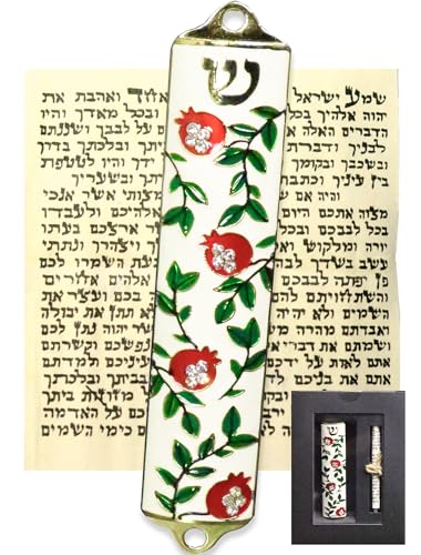 Zivosely Exquisite Enamel Design Mezuzah with Scroll, Easy Install Use Double-Sided Tape, Pomegranate Theme Mezuzah for Door with Crystal Diamond Accent for Any Memorable Jewish Occasions, 3.8”