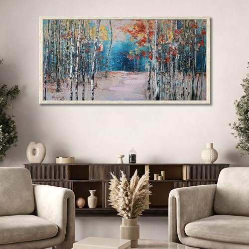 Ardemy Landscape Canvas Wall Art for Living Room Blue Forest Painting White Birch Tree Scenery Picture Modern Green Nature Artwork Bedroom Home Office Wall Decor, Large Size Wood Framed 48"x