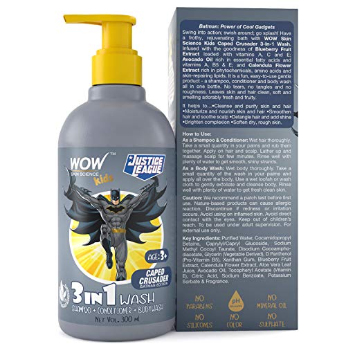Image of WOW Skin Science Kids 3 in 1 Wash - Shampoo + Conditioner + Body Wash - Caped Crusader Batman Edition - No Parabens, Color, Mineral Oil, Silicones & Sulphate, 300 ml