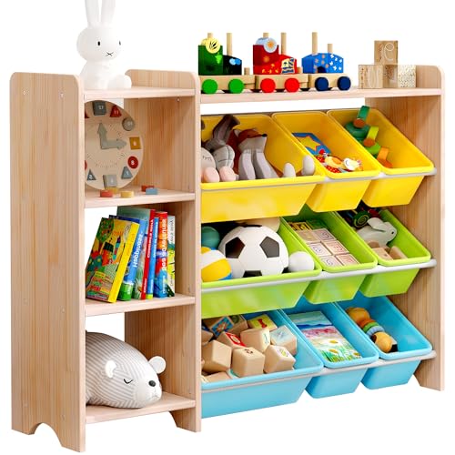 Image of MallBest 4-Tier Kids' Toy Storage Organizer Shelf - 100% Solid Wood,Children's Storage Cabinet with 9 Plastic Bins and and 3 Storage Ports (Varnish)