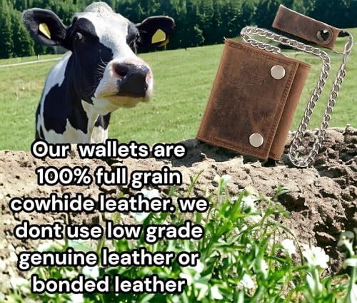 Image of F&L CLASSIC RFID Blocking Men's Tri-fold Vintage Biker Cowhide Leather Steel Chain Wallet,Snap closure, USA,Vintage buffalo brown,315