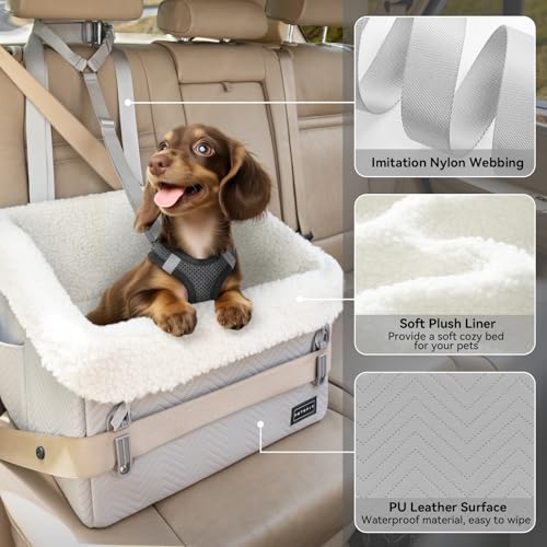 Image of PETSFIT Small Dog Car Seat, Waterproof PU Leather Dog Booster Car Seat with Patented Safe Buckles, Pet Carseat for Medium or Small Sized Pets up to 30 lbs (Grey)