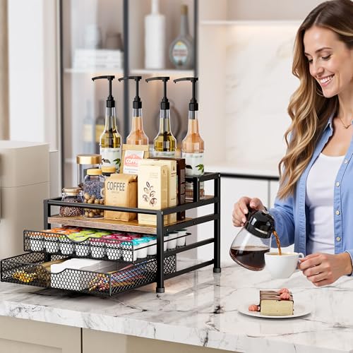 Image of 4 Tier Coffee Syrup Rack Organizer, Coffee Bar Organizer for Countertop, Coffee Station Organizer with 2 Sliding Drawers for Pods, K Cup Holder, Stirrer and Condiment, Brown