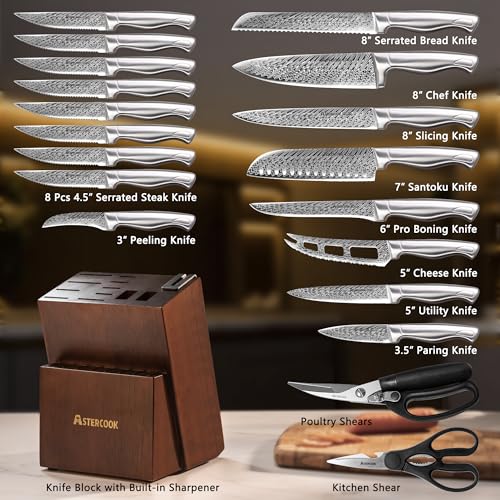 Image of Knife Set, Astercook 21 Pieces Kitchen Knife Set with Built-in Sharpener, German Stainless Steel Knife Block Set, Razor-Sharp Knives with Full-tang Handle, Dishwasher Safe Kitchen Utensils Set