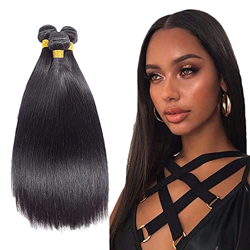 AuokMar 14 16 18 Inch Hunman Hair Bundles Cheap Bundles Peruvian Straight Hair Weaves 3 Bundles 10A Grade 100% Unprocessed Peruvian Virgin Human Hair Extensions Natural Color
