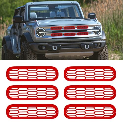 Image of Front Grill Mesh Grille Inserts Cover Frame, Front Bumper Inserts Grill Guard Clip-on Decoration Accessories for Ford Bronco Offroad 2 /4 Door 2021 2022 2023 2024 2025 (Red)