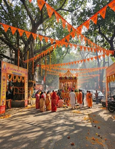 Image of BookMyCostume Religious & Spiritual Decoration Collection - Saffron Flags, Bunting Ladi, & Ethnic Stoles - Devotional Accessories for Temple, Festivals, Puja, Rallies & Daily Rituals