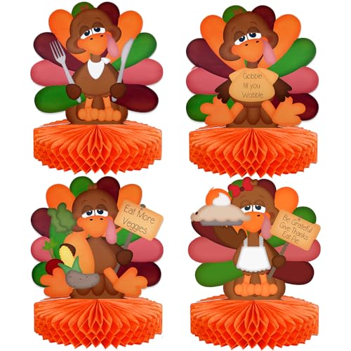 Thanksgiving Centerpieces for Tables - 4 Pieces, Each 12 Inch Large - Table Centerpiece - Double Sided Turkey, 3D Honeycomb Event Decor - Fall Home Party Decorations for Dining Tabletop by PixiPy