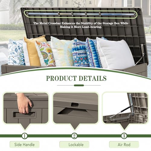 Image of Greesum 100 Gallon Resin Deck Box Large Outdoor Storage, Imitation Rattan Weave Texture for Patio Furniture, Garden Tools, Pool Supplies, Weatherproof and UV Resistant, Lockable, Light Coffee