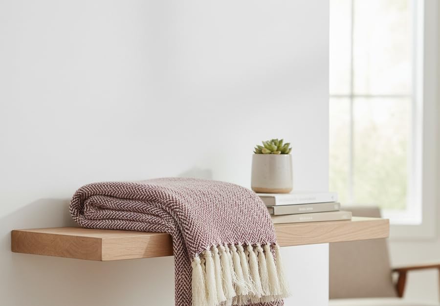Image of Cotton Weave Boho Sofa Throw Blanket 50x60 Inches or 125x150 cms Lightweight, Soft & Breathable Couch, Bed or Chair Throw Blanket for Living or Bedroom, Zigzag Cranberry