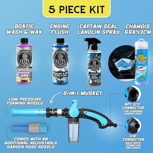 Salty Captain Marine Boat Cleaning Kit - Jetski, PWC, Watercraft & Boat Cleaner Bundle with Salt Remover Wash & Wax, Engine Flush, Lanolin Spray & Boat Accessories Microfiber Hand Mitt & Towel