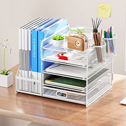Image of Marbrasse Desk Organiser with File Holder, 5-Tier Paper Letter Tray Organiser with Drawer and 2 Pen Holder, Mesh Desktop Organizer and Storage with Magazine Holder for Office Supplies(White)