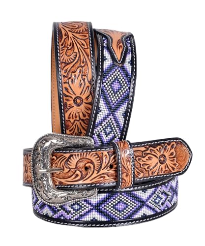 Western Tooled Leather Beaded Belt For Men and Women 30IS113